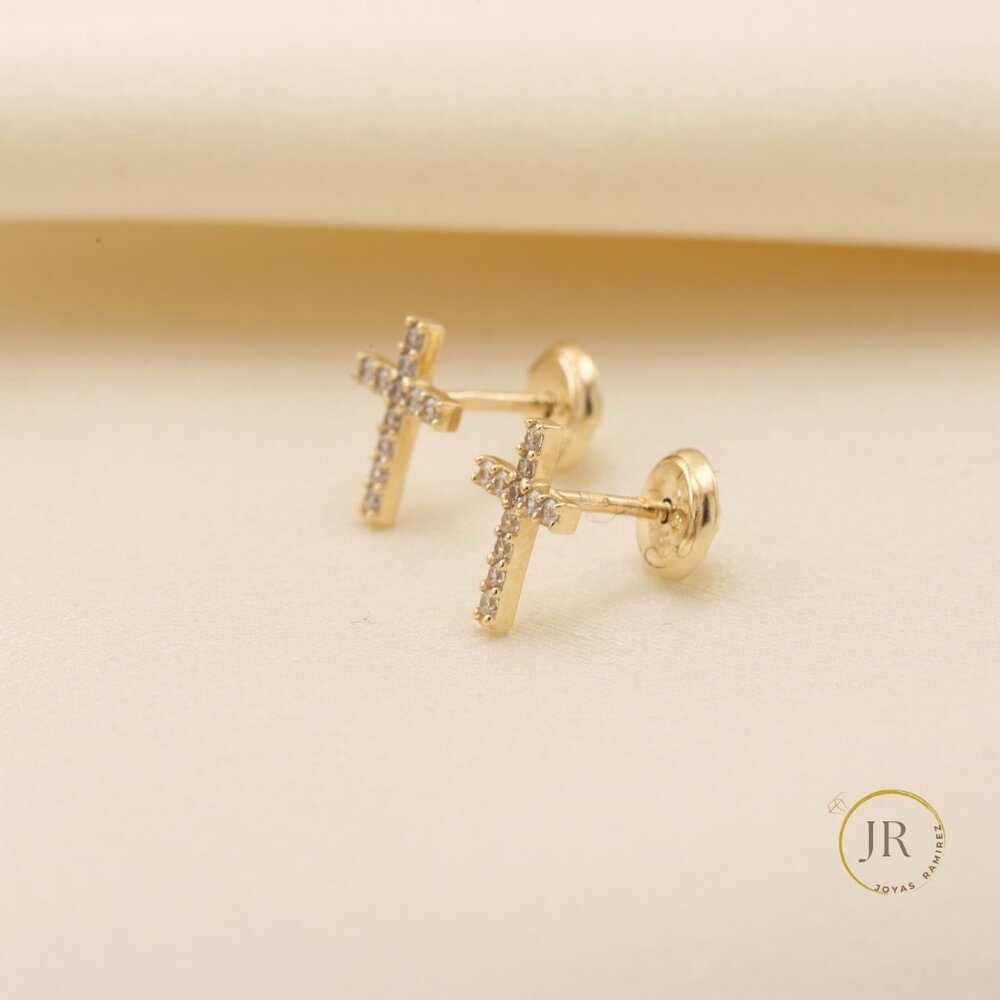 14K Solid Gold CZ Pave Cross Stud Earrings Religious Fine Jewelry - Picture 4 of 7